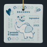 Navy Elephant Birth Stats Baby's First Christmas Ceramic Ornament<br><div class="desc">Navy Blue Mint Teal & Gray Cute Elephant Baby Birth Stats Keepsake First Christmas Ornament, with your Personalized Text. A color editable design, you change all the colors to match your Nursery, Holiday Décor, or Baby Shower theme color palette. Perfect for a Baby Boy or Girl! - Adorable and easy...</div>