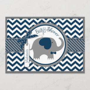 Navy Elephant Bow Tie Chevron Print Baby Shower Invitation
