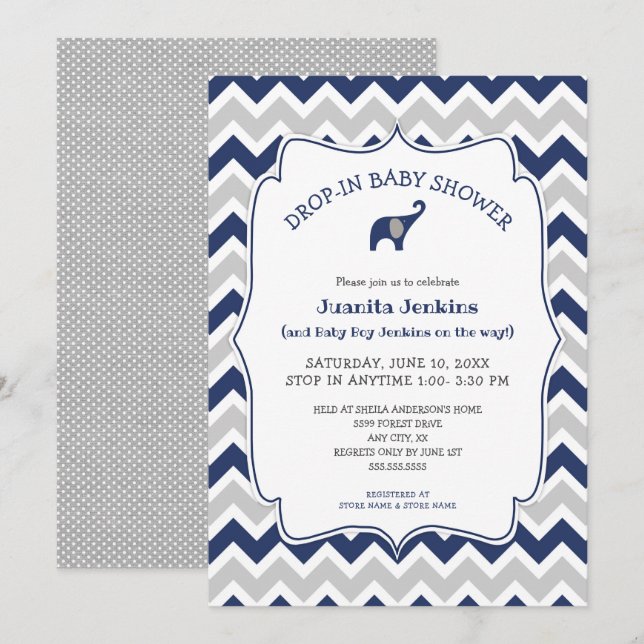 Navy elephant Drop-in baby shower / open house Invitation (Front/Back)