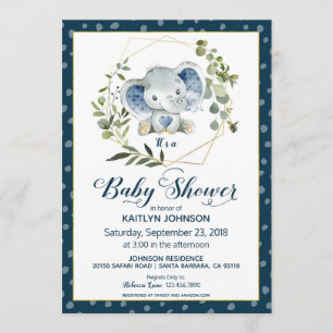 Navy Elephant Modern Baby Shower Invitation