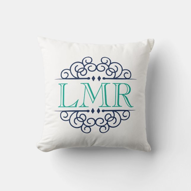 Navy & Emerald Green Vintage Frame Monogrammed Cushion (Front)