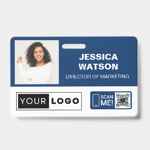 Navy Employee Name Badge with Logo and QR Code ID Badge