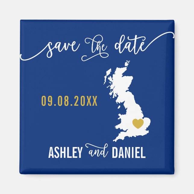 Navy England Wedding Save the Date Scotland UK Map Magnet (Front)