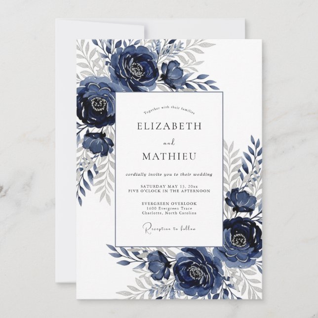 Navy Ethereal Botanical Wedding Invitation (Front)