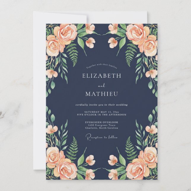 Navy Ethereal Floral Romance Wedding Invitation (Front)