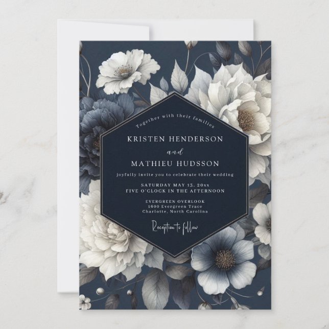 Navy Ethereal Floral Wedding Invitation (Front)