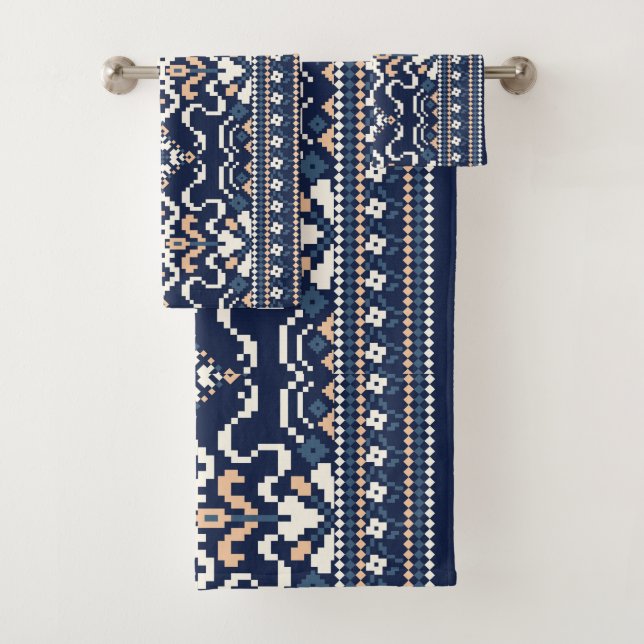 Navy Ethnic Pattern Towel Set for Stylish Homes (Insitu)