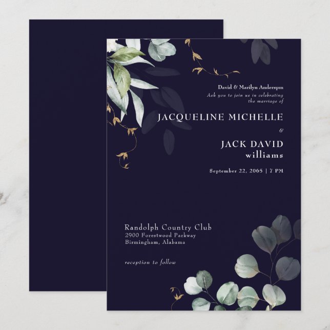 Navy Eucalyptus Elegance Bride Parents Wedding  Invitation (Front/Back)
