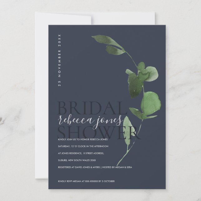 NAVY EUCALYPTUS FOLIAGE WATERCOLOR BRIDAL SHOWER ANNOUNCEMENT (Front)