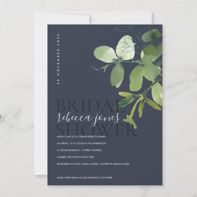 NAVY EUCALYPTUS FOLIAGE WATERCOLOR BRIDAL SHOWER ANNOUNCEMENT (Front)