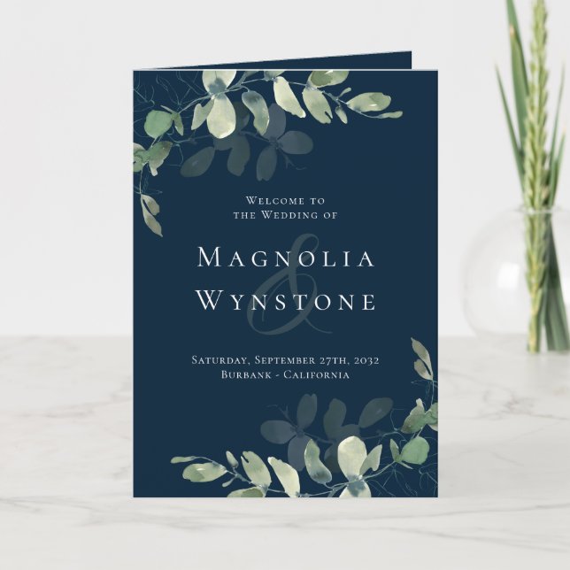 Navy Eucalyptus Order of Ceremony Wedding Programme (Front)