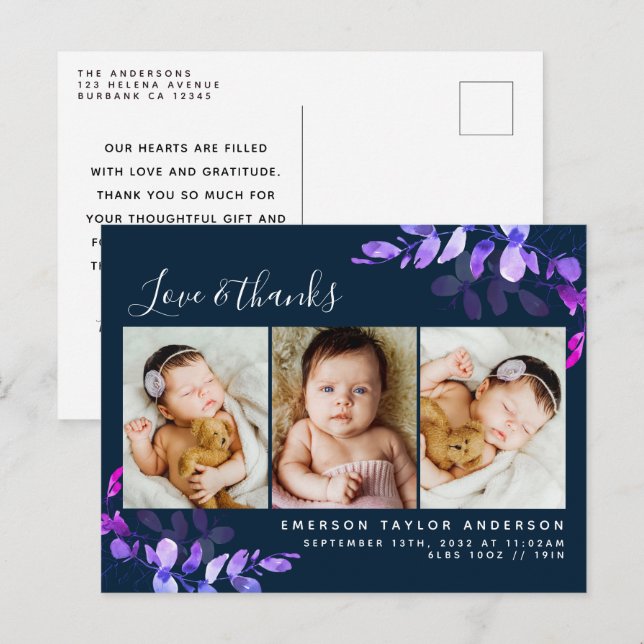 Navy Eucalyptus Photo Baby Thank You Announcement Postcard (Front/Back)