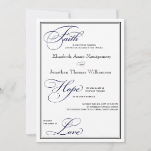 Navy Faith Hope Love Script Wedding Invitation