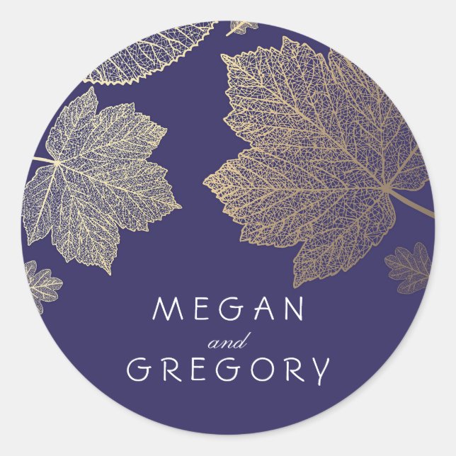 Navy Fall Gold Leaves Wedding Classic Round Sticker (Front)