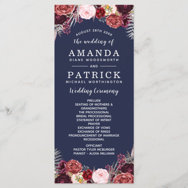 Navy Fall Marsala Blush Peony Wedding Programs Programme (Front)