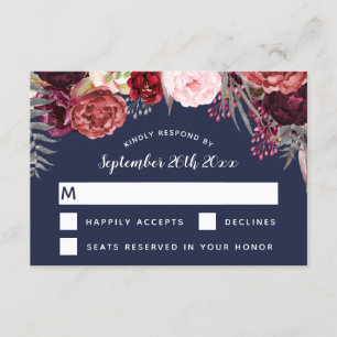 Navy Fall Marsala Blush Peony Wedding RSVP Cards