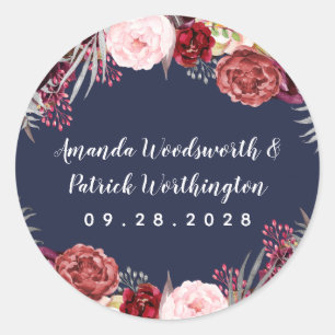 Navy Fall Marsala Blush Pink Peony Wedding Favour Classic Round Sticker