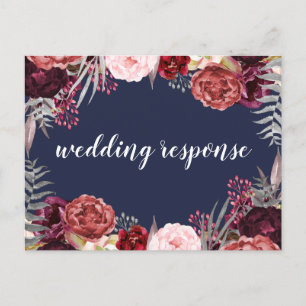 Navy Fall Marsala Peony Wedding RSVP Postcards