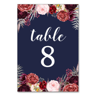 Navy Fall Marsala Peony Wedding Table Number Cards