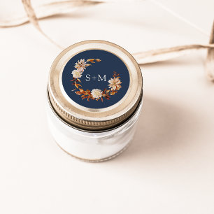 Navy Fall Monogram Floral Wreath Classic Round Sticker