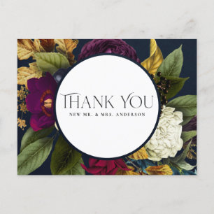 NAVY FALL RETRO BURGUNDY FLORAL WEDDING THANK YOU POSTCARD