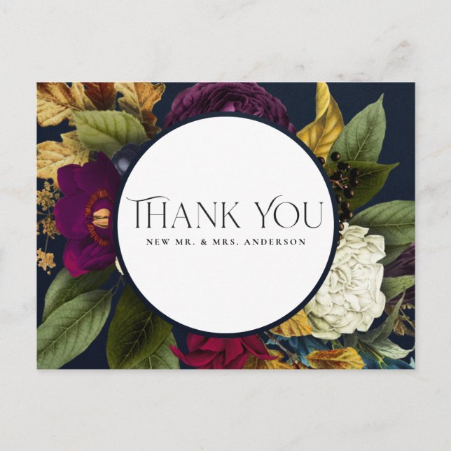 NAVY FALL RETRO BURGUNDY FLORAL WEDDING THANK YOU POSTCARD (Front)