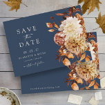 Navy Fall Save The Date<br><div class="desc">Navy Fall Save the Date. This elegant wedding program hand fan features hand-painted watercolor burnt orange and terracotta leaves, cream and beige dahlias, and beautiful rust-coloured roses on a navy background. The back includes a matching floral and leaf bouquet with more text to personalise. Find matching items in the Navy...</div>