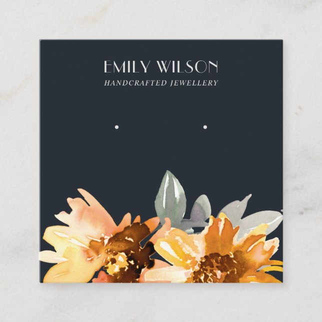 NAVY FALL SUNFLOWER AUTUMN STUD EARRING DISPLAY SQUARE BUSINESS CARD (Front)