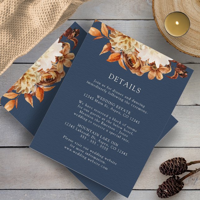 Navy Fall Terracotta Floral Wedding Details Enclosure Card (Navy Blue Fall Terracotta Floral Wedding Details Enclosure Card by Painted Paperie
)