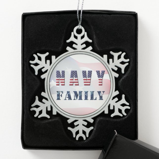 Navy Family Christmas  Snowflake Pewter Christmas Ornament (Box)