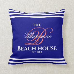 Navy Family Monogram Script Coral Initial 2 Sides Cushion