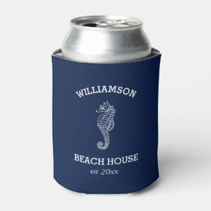Navy Family Name Beach House   Seahorse Can Cooler