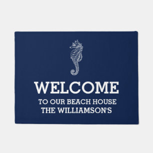 Navy Family Name  Beach House   Seahorse Doormat