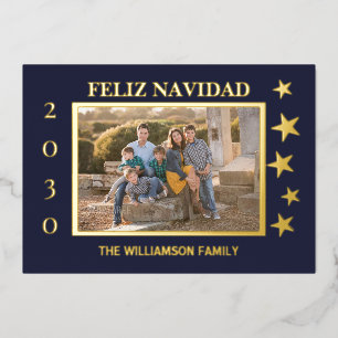 Navy Family Photo Feliz Navidad Gold Foil Foil Holiday Card