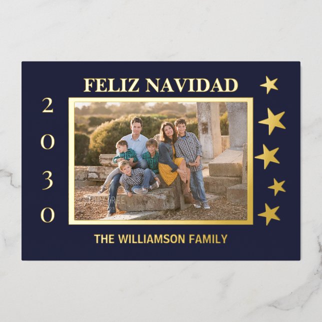 Navy Family Photo Feliz Navidad Gold Foil  Foil Holiday Card (Front)