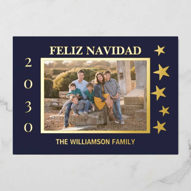 Navy Family Photo Feliz Navidad Gold Foil  Holiday Card (Front)