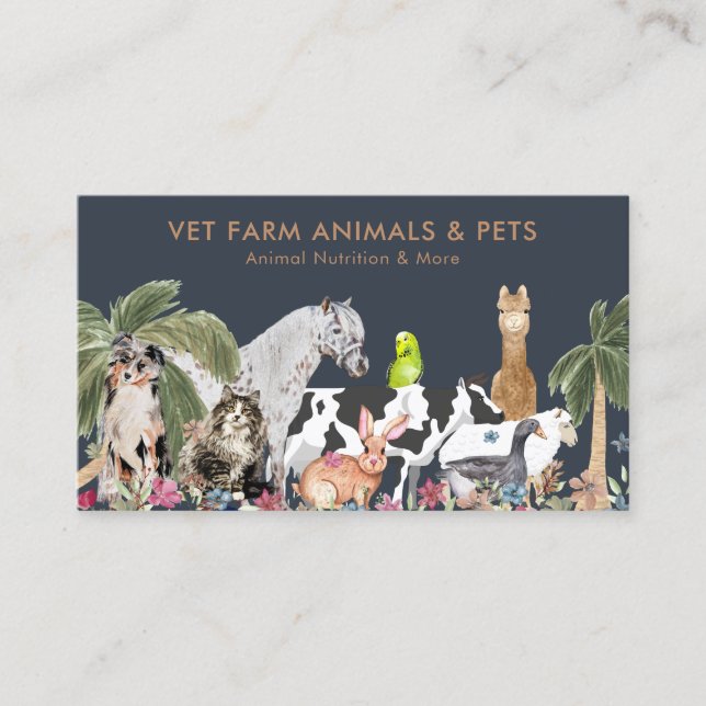 Navy Farm Cat Dog Bird Alpaca Animal Nutritionist Business Card (Front)