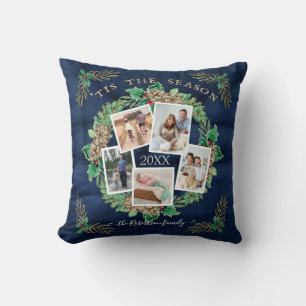 Navy Farmhouse Family Photo Watercolor Pine Wreath Cushion