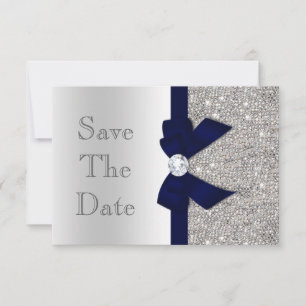 Navy Faux Bow & Diamonds Silver Save The Date