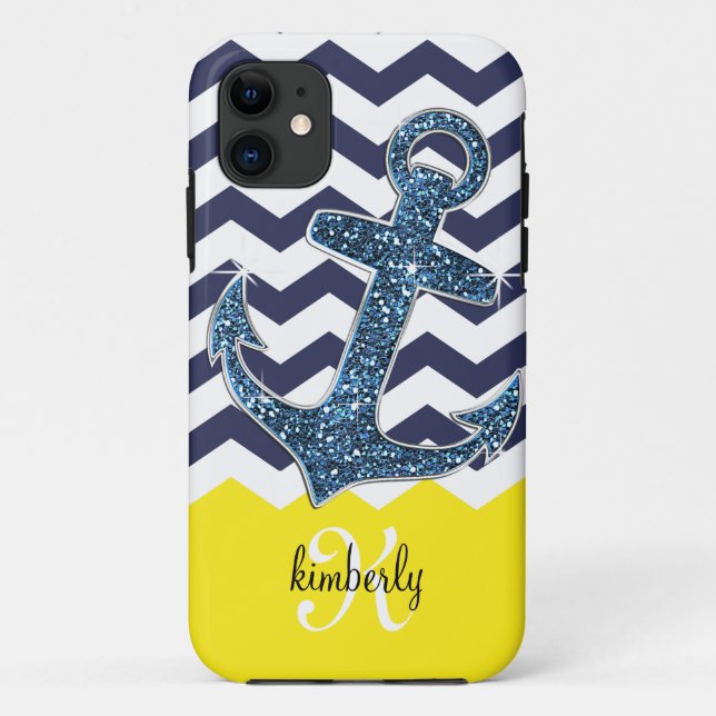 Navy Faux Glitter Anchor Chevron Personalised Case-Mate iPhone Case (Back)