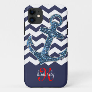 Navy Faux Glitter Anchor Chevron Personalised iPhone 11 Case