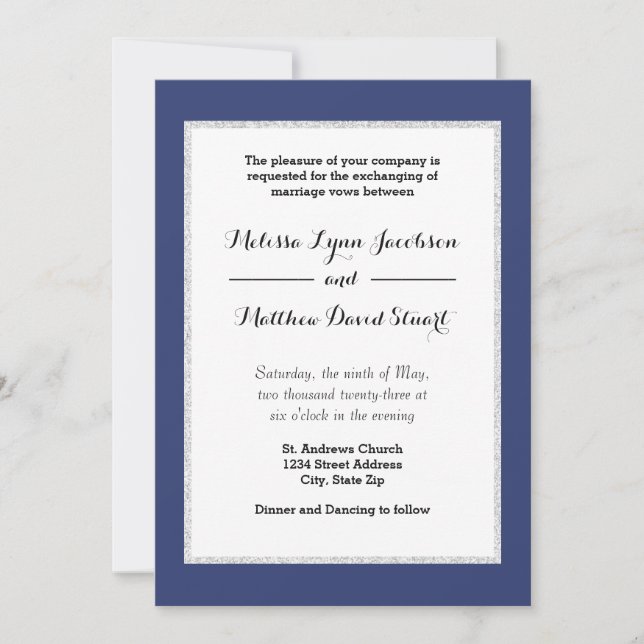 Navy & Faux Glitter Framed - Wedding Invitation (Front)