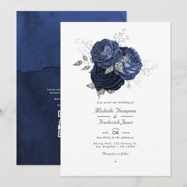 Navy & Faux Glitter Silver Floral QR Code Wedding Invitation (Front/Back)