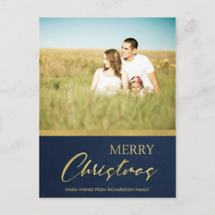 NAVY FAUX GOLD CALLIGRAPHY MERRY CHRISTMAS PHOTO HOLIDAY POSTCARD