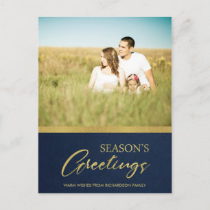 NAVY FAUX GOLD CALLIGRAPHY SEASONS GREETINGS PHOTO HOLIDAY POSTCARD