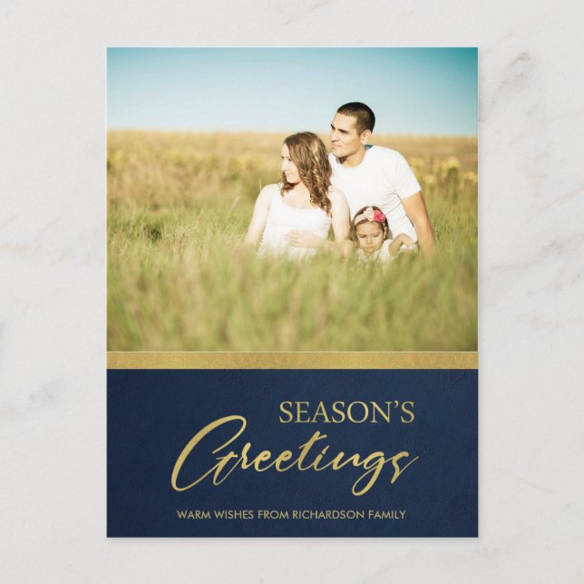 NAVY FAUX GOLD CALLIGRAPHY SEASONS GREETINGS PHOTO HOLIDAY POSTCARD (Front)