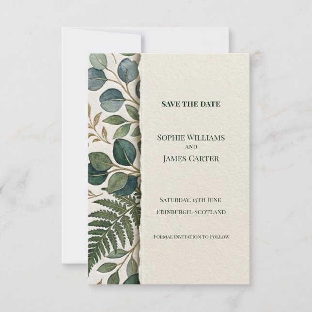 Navy Fern Save The Date Card (Front)