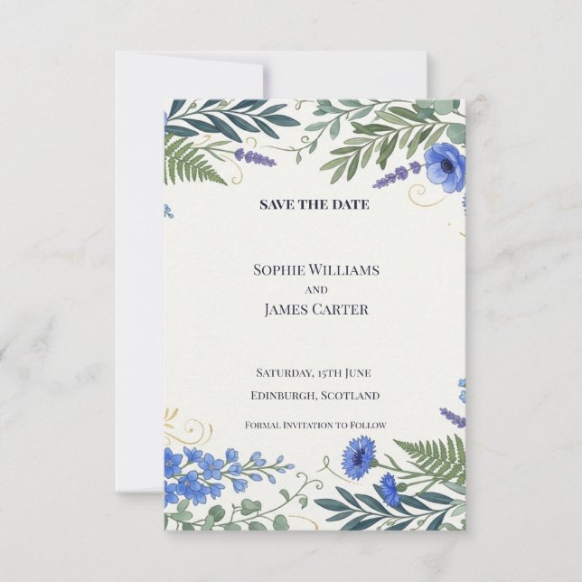 Navy Fern Save The Date Card (Front)