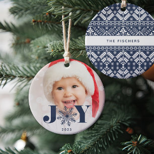 Navy Festive Joy Holiday Photo Ceramic Tree Decoration