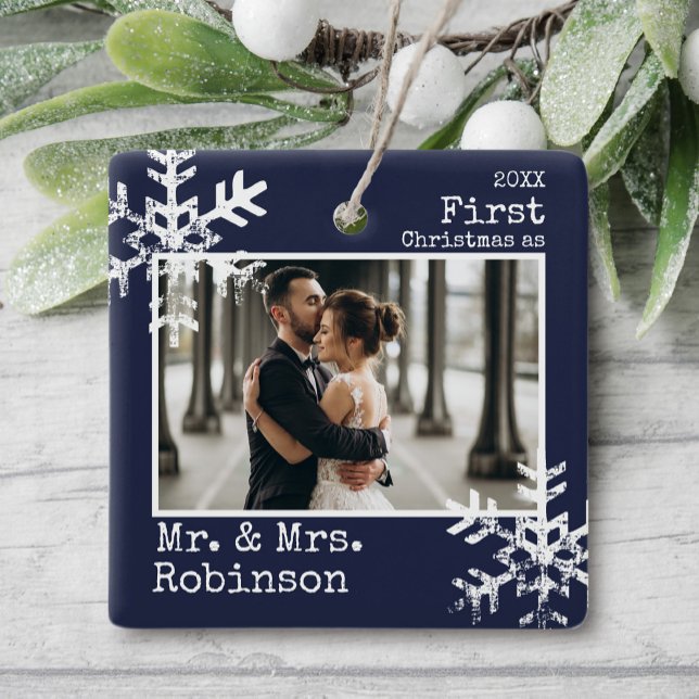 Navy First Christmas Married Photo Ceramic Ornament (Rustic snowflake newlywed holiday keepsake photo ornament perfect for gifts to bring joy to others.)